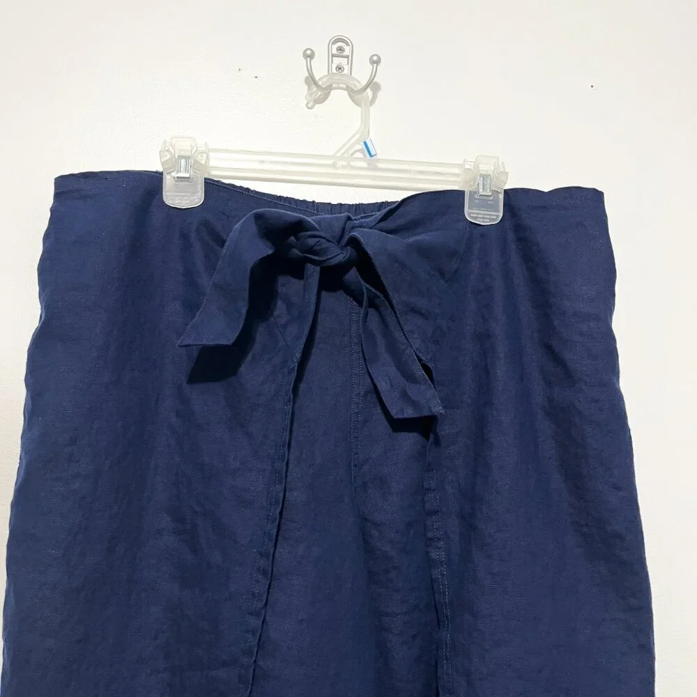 Lands End Womens Wide Leg Linen Pants 1X Coastal Navy Blue Open Side Tie Front